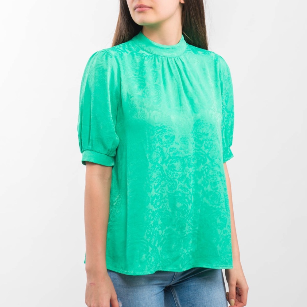 NWT Zara Green Damask Satin High Neck Blouse - S